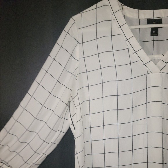 Worthington 3/4 Sleeve w Ties Medium V-Neck White Simple Stripe Polyester Sheer - Picture 3 of 13